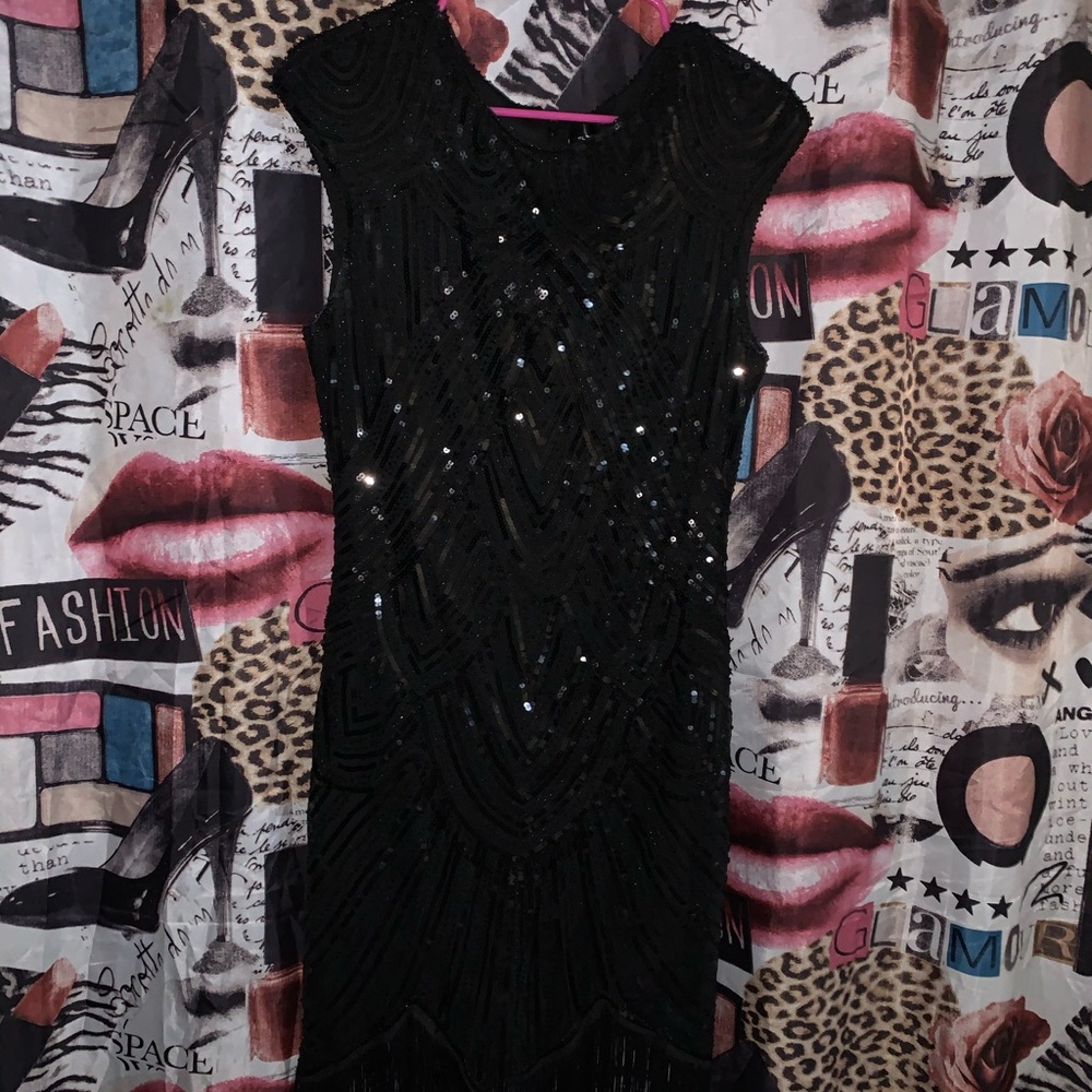 Black sequin dress with fringe